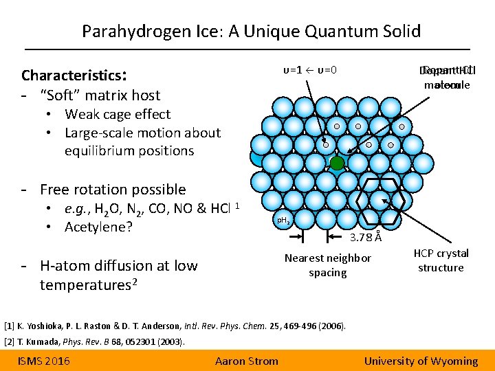 Parahydrogen Ice: A Unique Quantum Solid Characteristics: - “Soft” matrix host υ=1 υ=0 Dopant