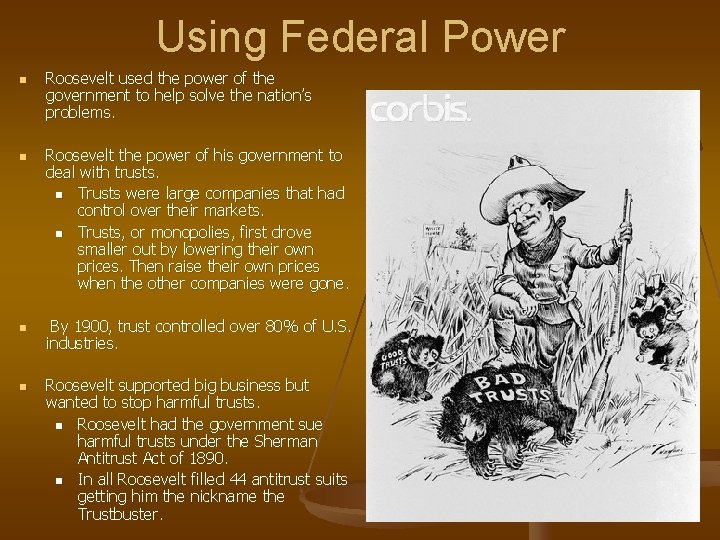 Using Federal Power n n Roosevelt used the power of the government to help