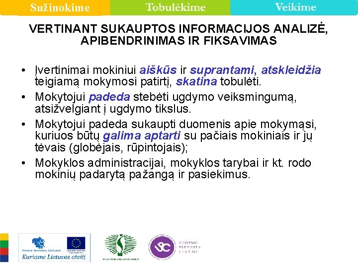 Sužinokime VERTINANT SUKAUPTOS INFORMACIJOS ANALIZĖ, APIBENDRINIMAS IR FIKSAVIMAS • Įvertinimai mokiniui aiškūs ir suprantami,