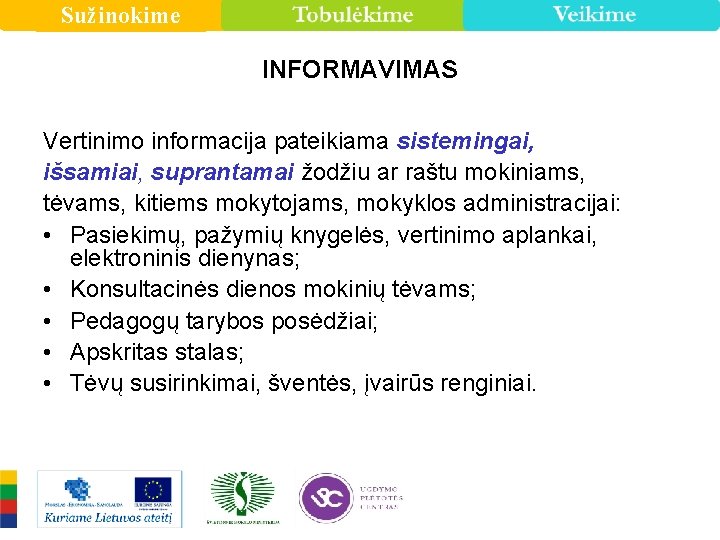 Sužinokime INFORMAVIMAS Vertinimo informacija pateikiama sistemingai, išsamiai, suprantamai žodžiu ar raštu mokiniams, tėvams, kitiems