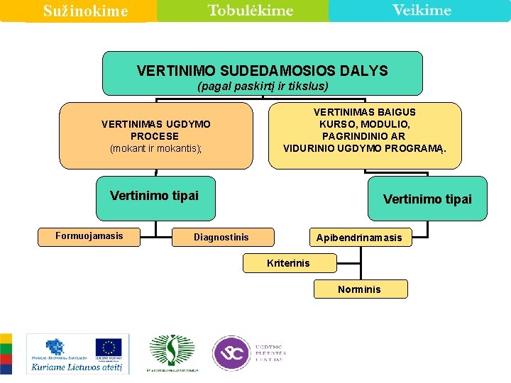 Sužinokime VERTINIMO SUDEDAMOSIOS DALYS (pagal paskirtį ir tikslus) VERTINIMAS UGDYMO PROCESE (mokant ir mokantis);