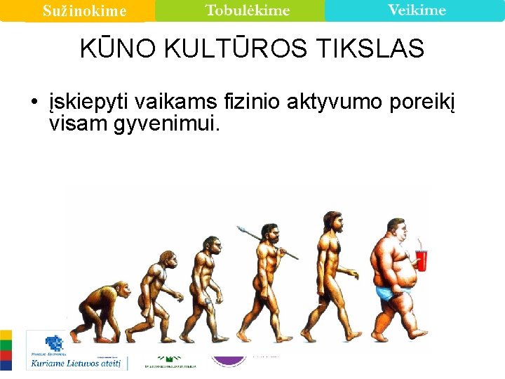 Sužinokime KŪNO KULTŪROS TIKSLAS • įskiepyti vaikams fizinio aktyvumo poreikį visam gyvenimui. 