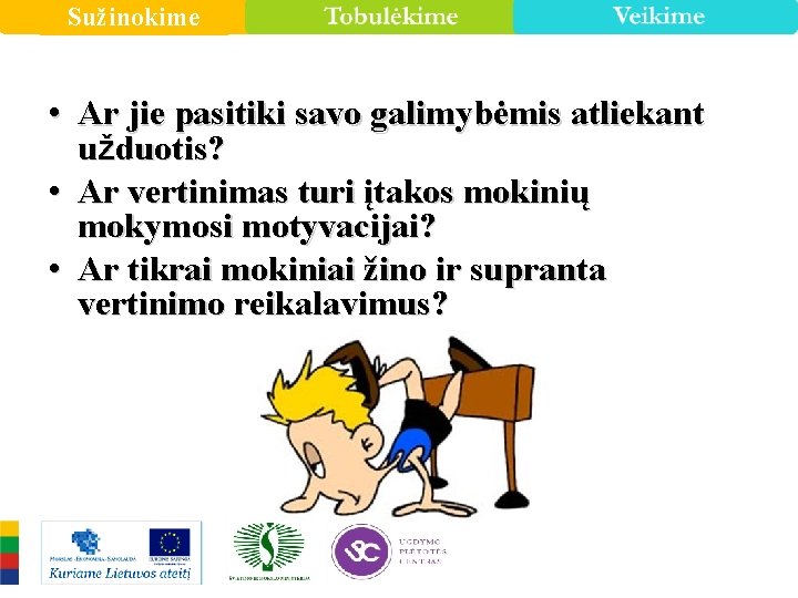 Sužinokime • Ar jie pasitiki savo galimybėmis atliekant užduotis? • Ar vertinimas turi įtakos