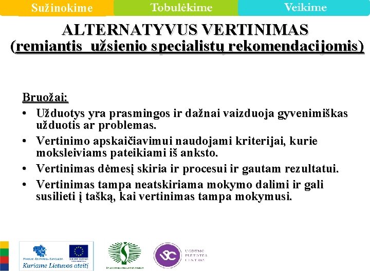 Sužinokime ALTERNATYVUS VERTINIMAS (remiantis užsienio specialistų rekomendacijomis) Bruožai: • Užduotys yra prasmingos ir dažnai