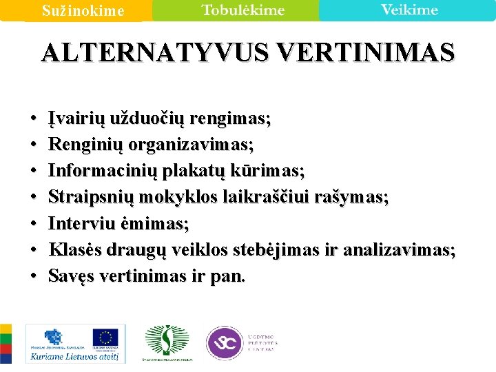 Sužinokime ALTERNATYVUS VERTINIMAS • • Įvairių užduočių rengimas; Renginių organizavimas; Informacinių plakatų kūrimas; Straipsnių