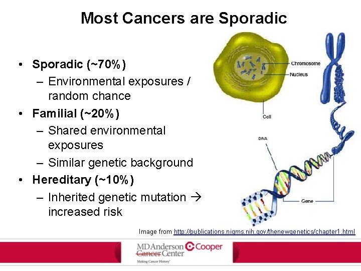 Most Cancers are Sporadic • Sporadic (~70%) – Environmental exposures / random chance •