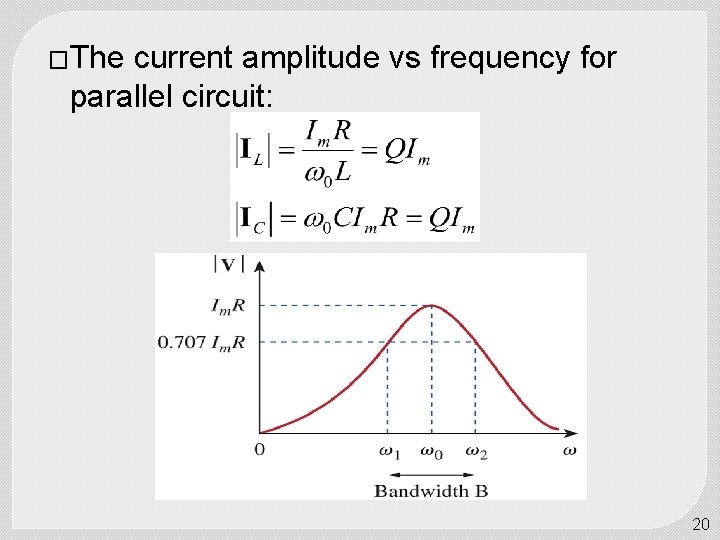 �The current amplitude vs frequency for parallel circuit: 20 