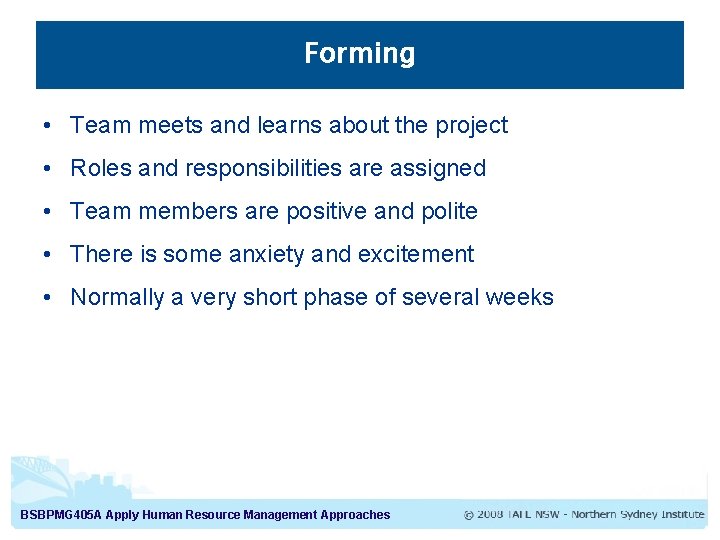 Forming • Team meets and learns about the project • Roles and responsibilities are