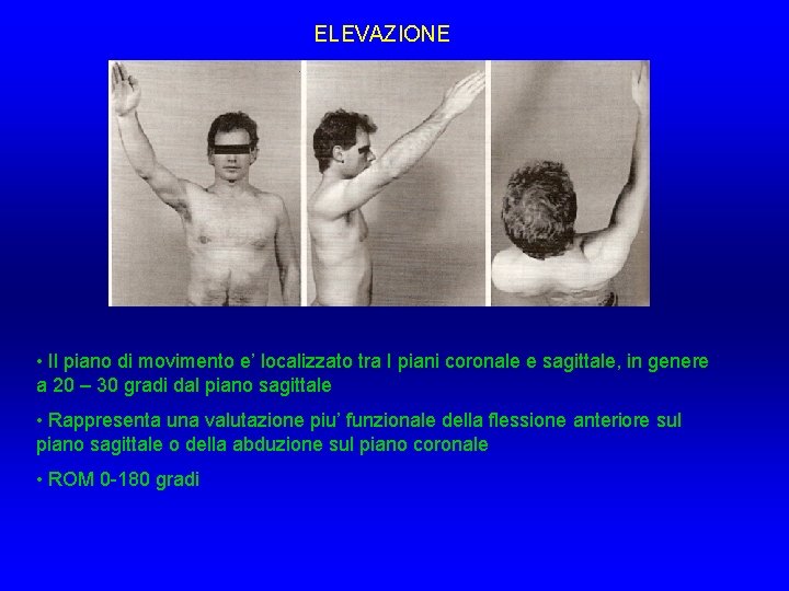 ELEVAZIONE • Il piano di movimento e’ localizzato tra I piani coronale e sagittale, ELEVAZIONE • Il piano di movimento e’ localizzato tra I piani coronale e sagittale,