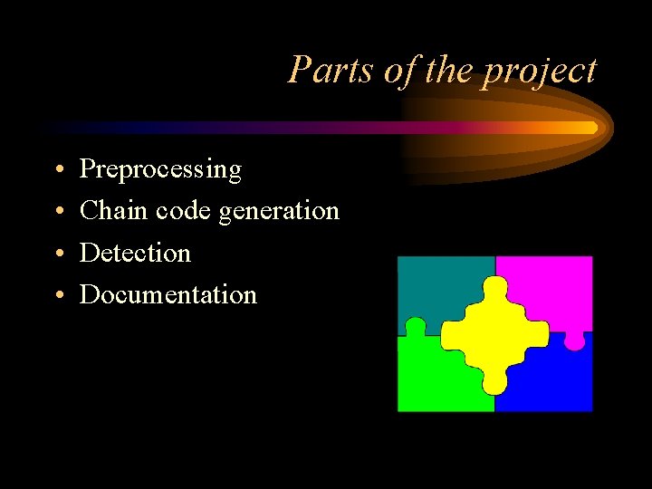 Parts of the project • • Preprocessing Chain code generation Detection Documentation 