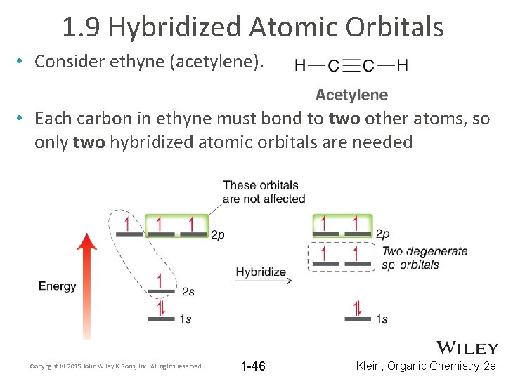 1. 9 Hybridized Atomic Orbitals • Consider ethyne (acetylene). • Each carbon in ethyne