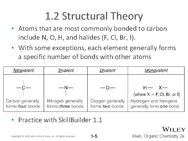 1. 2 Structural Theory • Atoms that are most commonly bonded to carbon include