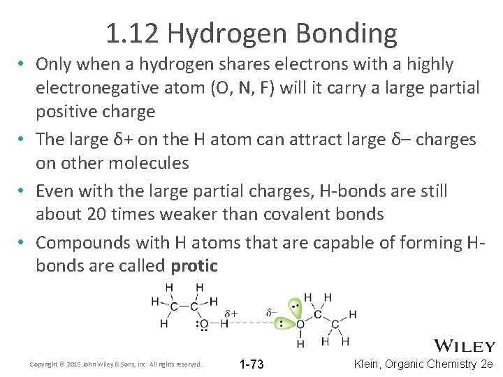 1. 12 Hydrogen Bonding • Only when a hydrogen shares electrons with a highly