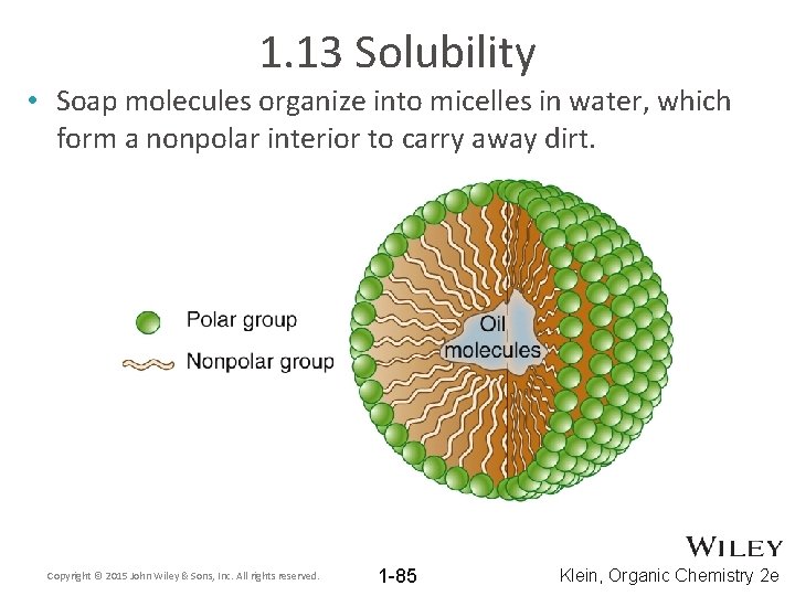 1. 13 Solubility • Soap molecules organize into micelles in water, which form a