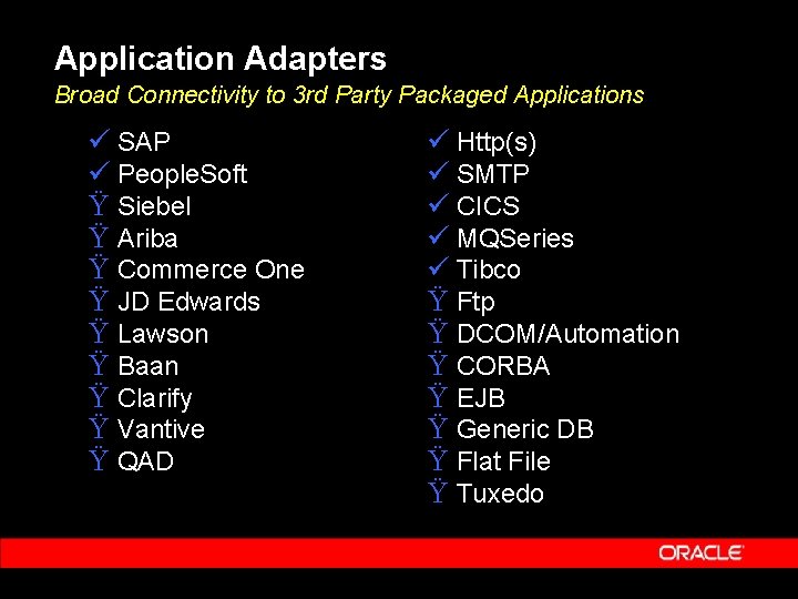 Application Adapters Broad Connectivity to 3 rd Party Packaged Applications ü SAP ü People. Application Adapters Broad Connectivity to 3 rd Party Packaged Applications ü SAP ü People.