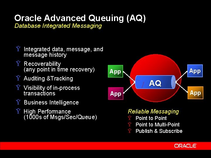 Oracle Advanced Queuing (AQ) Database Integrated Messaging Ÿ Integrated data, message, and message history