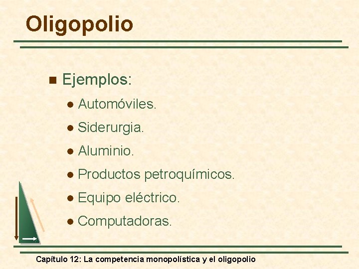 Oligopolio n Ejemplos: l Automóviles. l Siderurgia. l Aluminio. l Productos petroquímicos. l Equipo