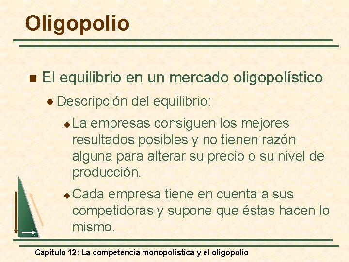 Oligopolio n El equilibrio en un mercado oligopolístico l Descripción del equilibrio: u u