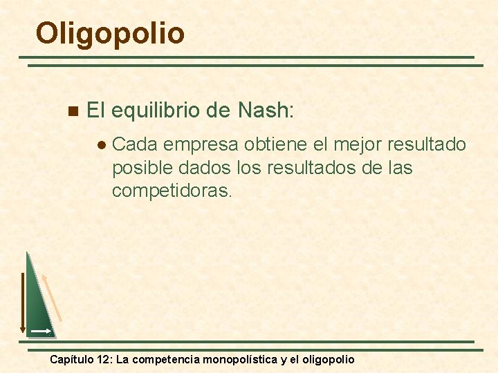 Oligopolio n El equilibrio de Nash: l Cada empresa obtiene el mejor resultado posible