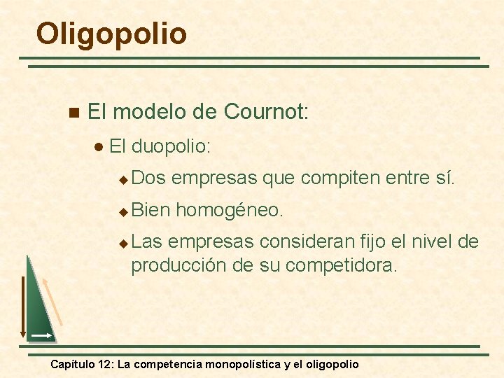 Oligopolio n El modelo de Cournot: l El duopolio: u Dos empresas que compiten