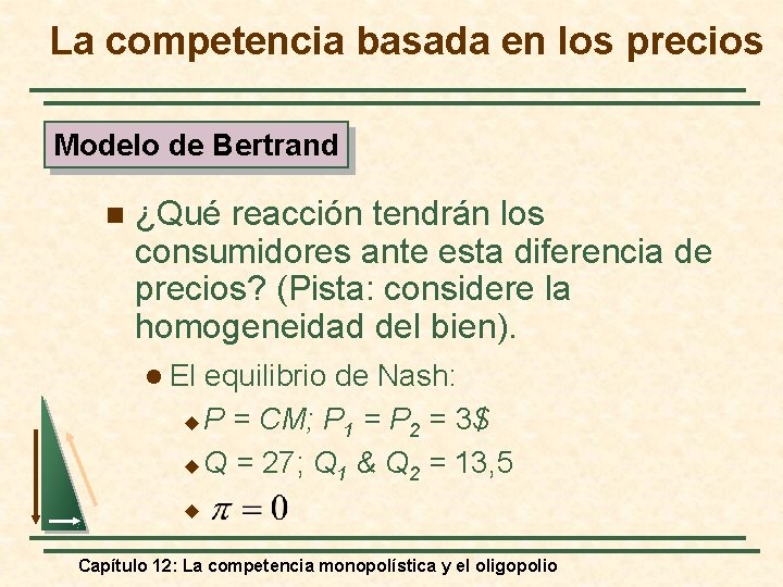 La competencia basada en los precios Modelo de Bertrand n ¿Qué reacción tendrán los