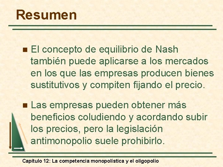 Resumen n El concepto de equilibrio de Nash también puede aplicarse a los mercados