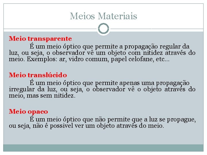 Meios Materiais Meio transparente É um meio óptico que permite a propagação regular da