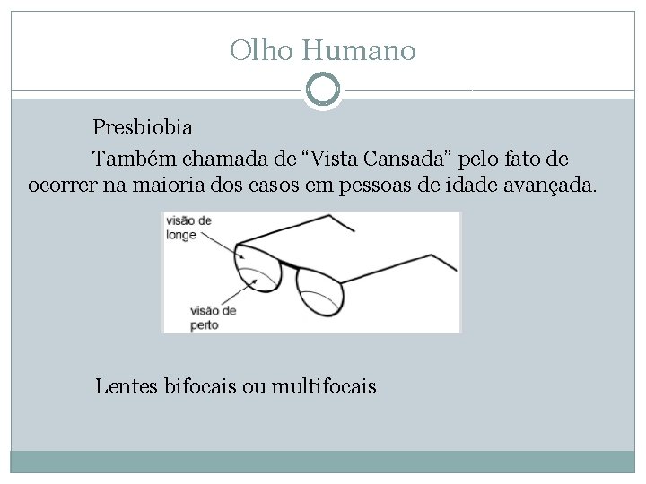 Olho Humano Presbiobia Também chamada de “Vista Cansada” pelo fato de ocorrer na maioria