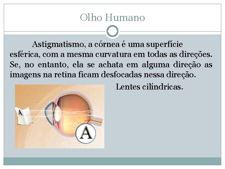Olho Humano Astigmatismo, a córnea é uma superfície esférica, com a mesma curvatura em