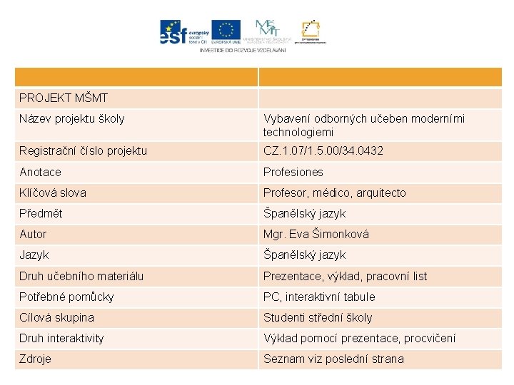 PROJEKT MŠMT Název projektu školy Vybavení odborných učeben moderními technologiemi Registrační číslo projektu CZ.