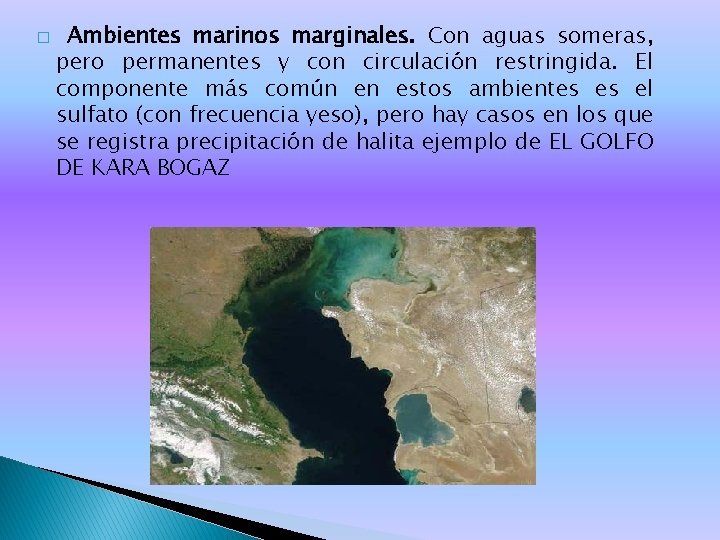 � Ambientes marinos marginales. Con aguas someras, pero permanentes y con circulación restringida. El