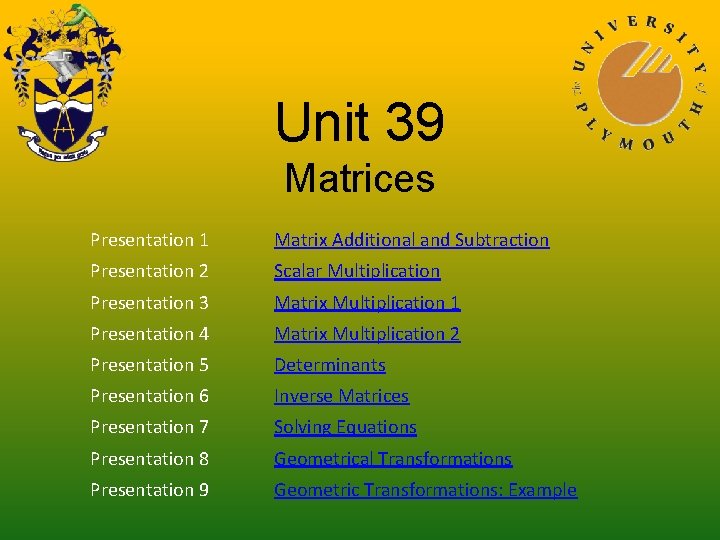 Unit 39 Matrices Presentation 1 Matrix Additional and Subtraction Presentation 2 Scalar Multiplication Presentation