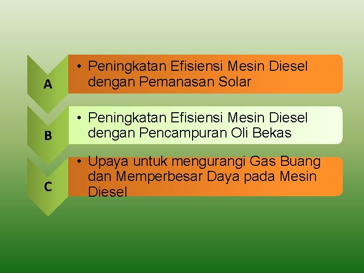 A • Peningkatan Efisiensi Mesin Diesel dengan Pemanasan Solar B • Peningkatan Efisiensi Mesin