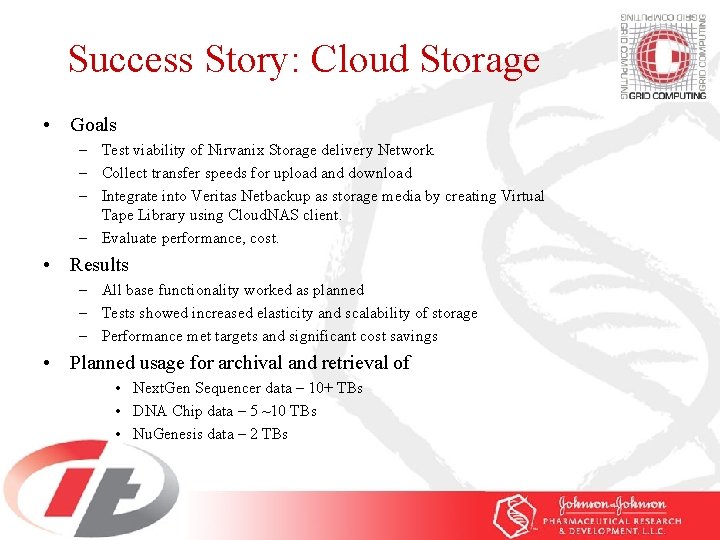 Success Story: Cloud Storage • Goals – Test viability of Nirvanix Storage delivery Network