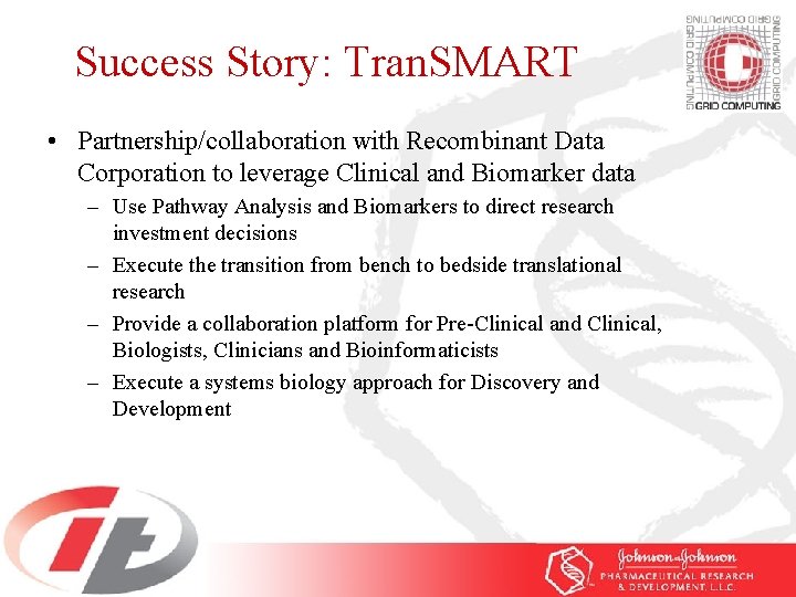 Success Story: Tran. SMART • Partnership/collaboration with Recombinant Data Corporation to leverage Clinical and