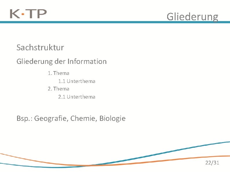 Gliederung Sachstruktur Gliederung der Information 1. Thema 1. 1 Unterthema 2. Thema 2. 1 Gliederung Sachstruktur Gliederung der Information 1. Thema 1. 1 Unterthema 2. Thema 2. 1