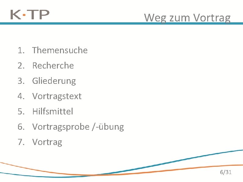 Weg zum Vortrag 1. Themensuche 2. Recherche 3. Gliederung 4. Vortragstext 5. Hilfsmittel 6. Weg zum Vortrag 1. Themensuche 2. Recherche 3. Gliederung 4. Vortragstext 5. Hilfsmittel 6.