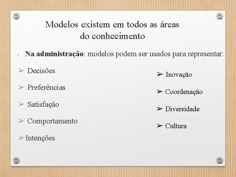 Modelos existem em todos as áreas do conhecimento • Na administração: modelos podem ser