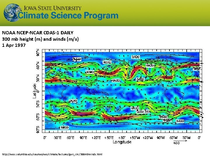 NOAA NCEP-NCAR CDAS-1 DAILY 300 mb height (m) and winds (m/s) 1 Apr 1997