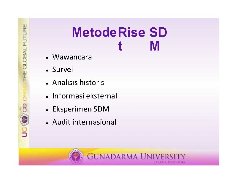 Metode. Rise SD t M Wawancara Survei Analisis historis Informasi eksternal Eksperimen SDM Audit