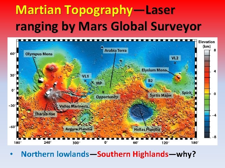 Martian Topography—Laser ranging by Mars Global Surveyor • Northern lowlands—Southern Highlands—why? 