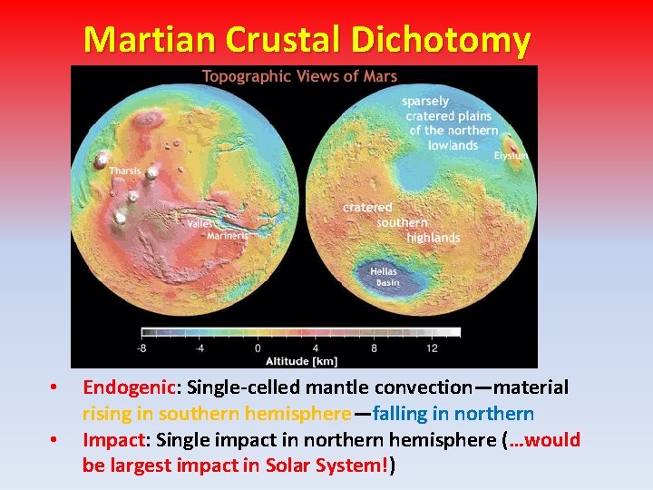 Martian Crustal Dichotomy • • Endogenic: Single-celled mantle convection—material rising in southern hemisphere—falling in