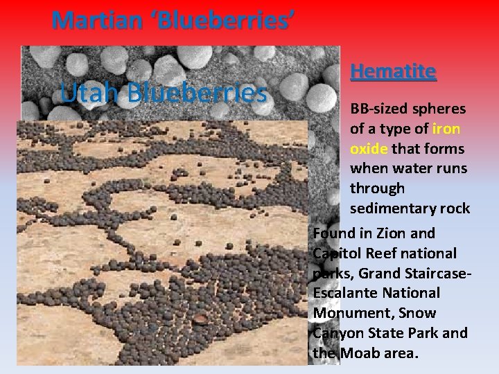 Martian ‘Blueberries’ Utah Blueberries Hematite BB-sized spheres of a type of iron oxide that