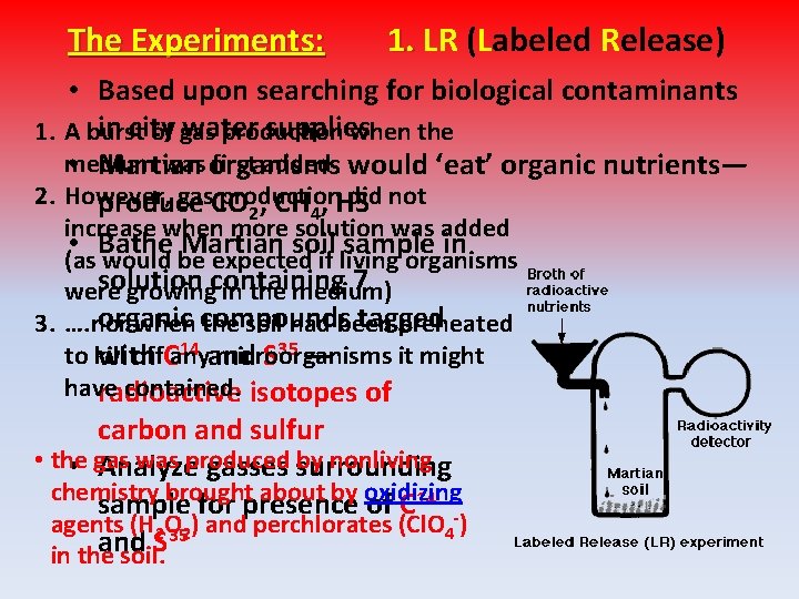 The Experiments: 1. LR (Labeled Release) • Based upon searching for biological contaminants in