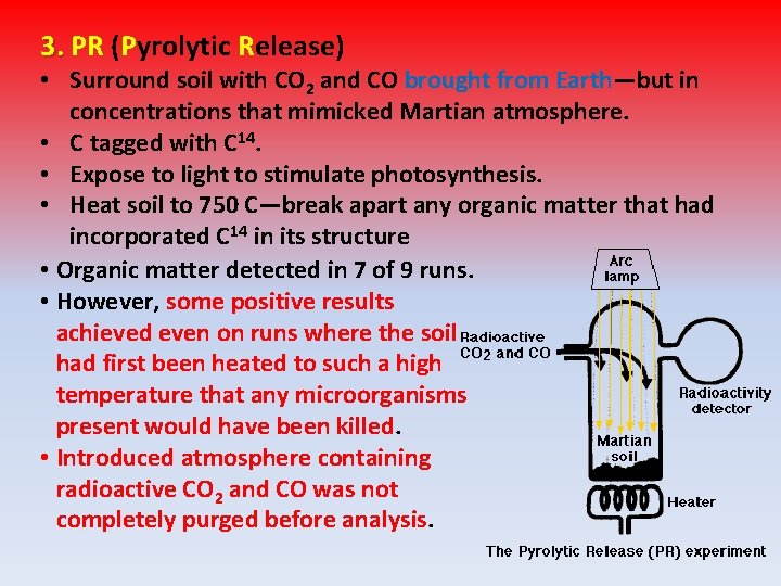 3. PR (Pyrolytic Release) • Surround soil with CO 2 and CO brought from