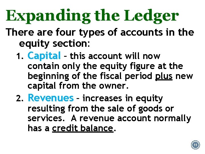Expanding the Ledger There are four types of accounts in the equity section: 1.
