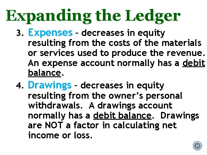 Expanding the Ledger 3. Expenses – decreases in equity resulting from the costs of