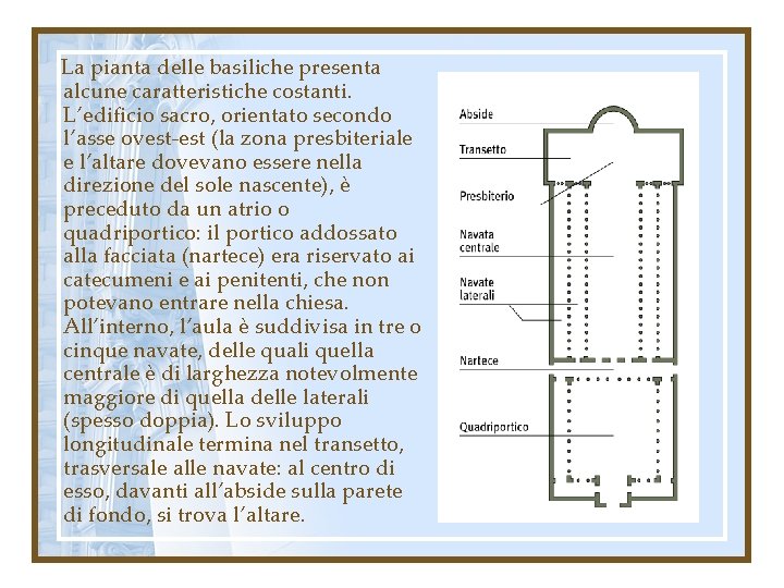 La pianta delle basiliche presenta alcune caratteristiche costanti. L’edificio sacro, orientato secondo l’asse ovest-est