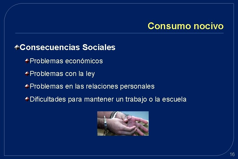 Consumo nocivo Consecuencias Sociales Problemas económicos Problemas con la ley Problemas en las relaciones Consumo nocivo Consecuencias Sociales Problemas económicos Problemas con la ley Problemas en las relaciones