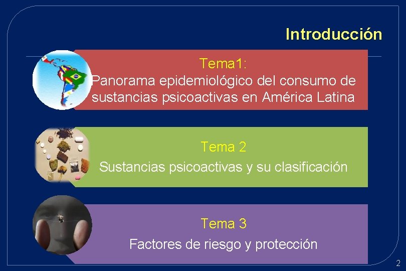 Introducción Tema 1: Panorama epidemiológico del consumo de sustancias psicoactivas en América Latina Tema Introducción Tema 1: Panorama epidemiológico del consumo de sustancias psicoactivas en América Latina Tema